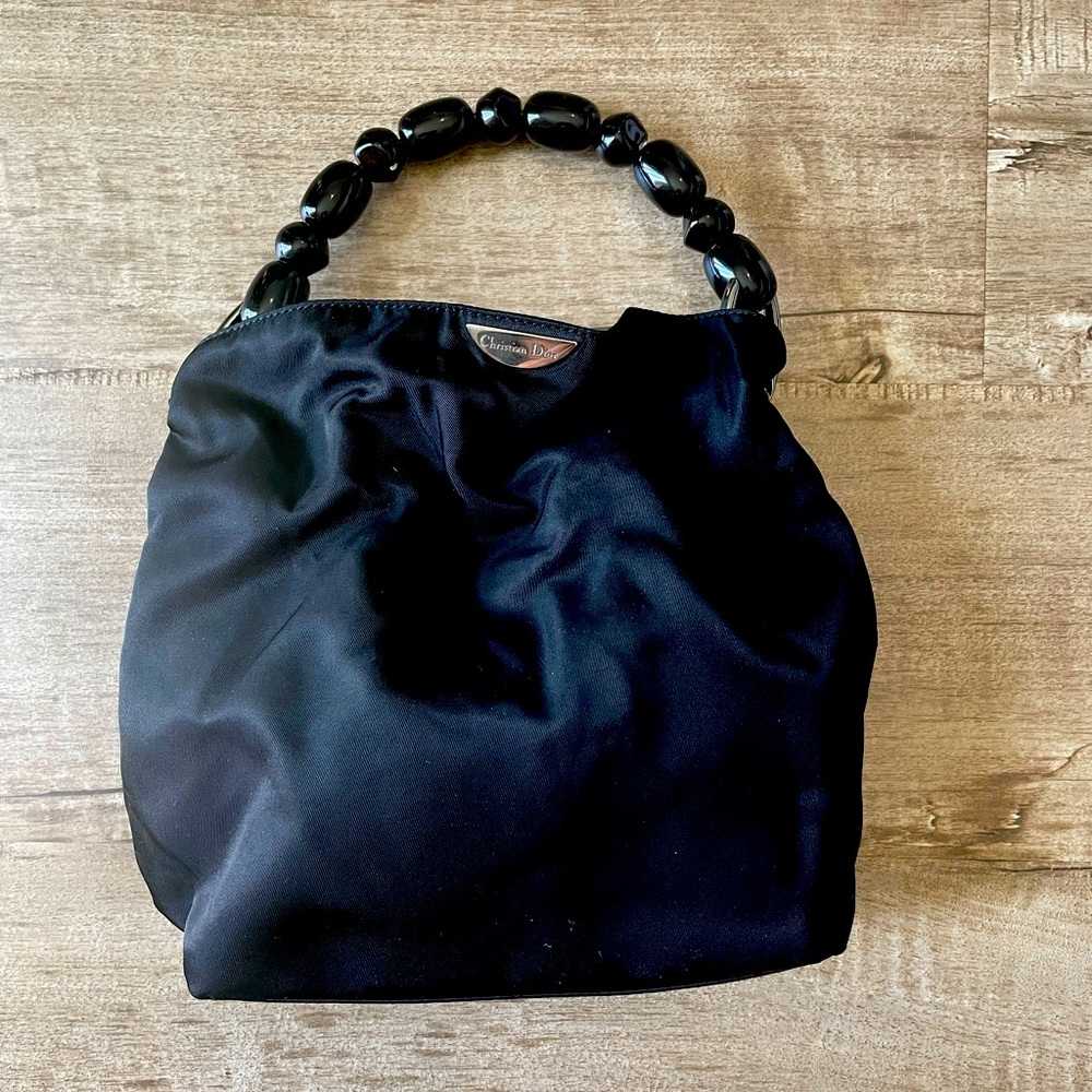 Vintage Christian Dior Satin Bucket Handbag with Shell Handle